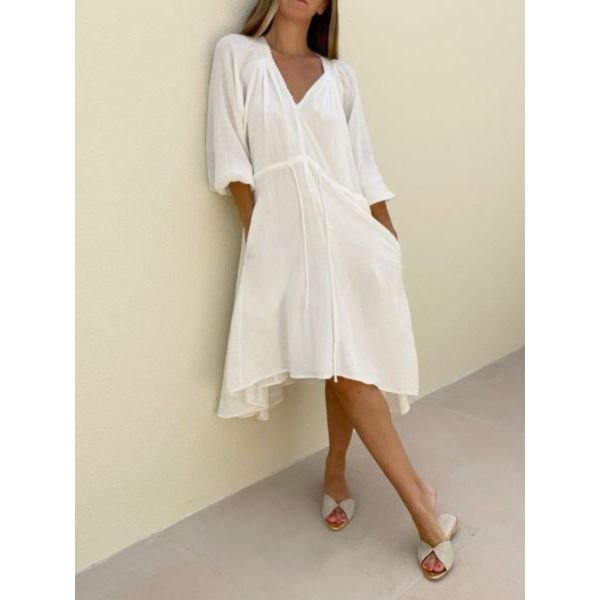 Vintage Plain 3/4 Sleeve Midi Dress