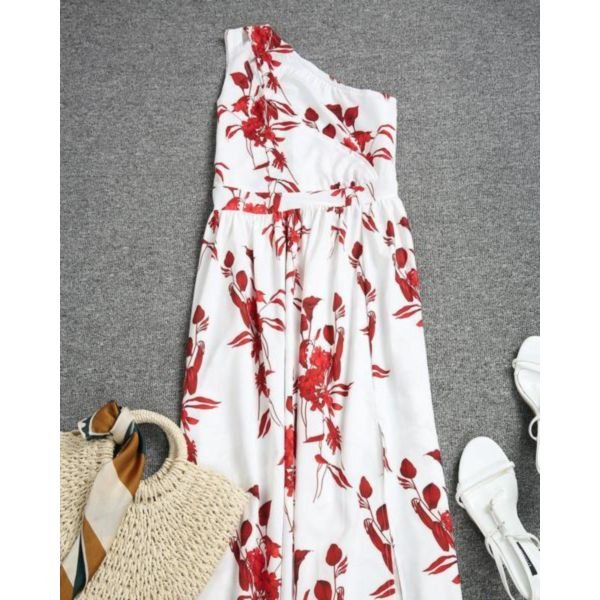 Romantic Red Flower Asymmetrical Keyhole Maxi Dress