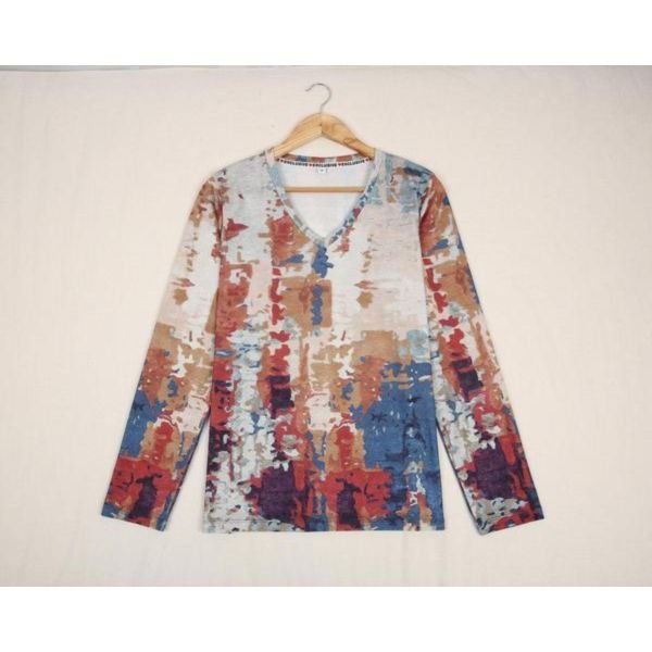 Simple V-Neck Long Sleeve Print Top