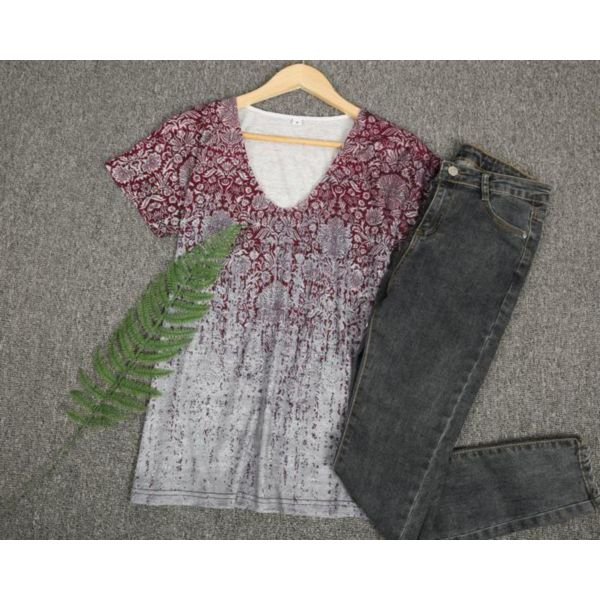 Distressed Victorian Print V Neck Tee