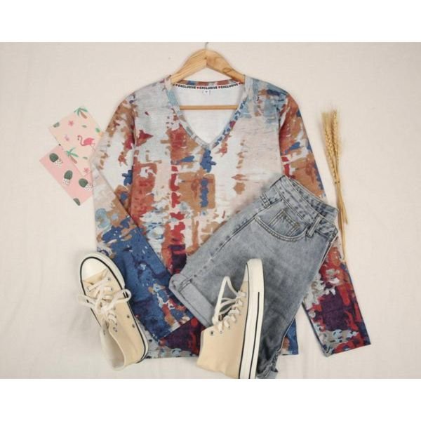 Simple V-Neck Long Sleeve Print Top