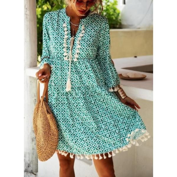 Trendy Tassel Trim Edge 3/4 Sleeve Mini Dress