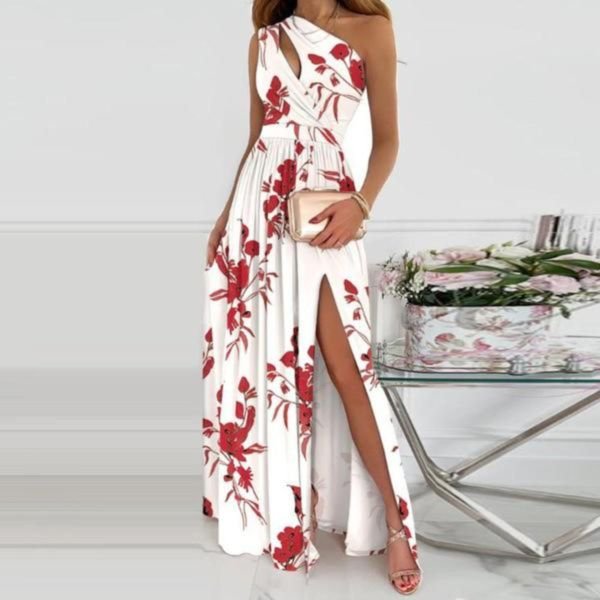 Romantic Red Flower Asymmetrical Keyhole Maxi Dress