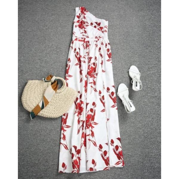 Romantic Red Flower Asymmetrical Keyhole Maxi Dress