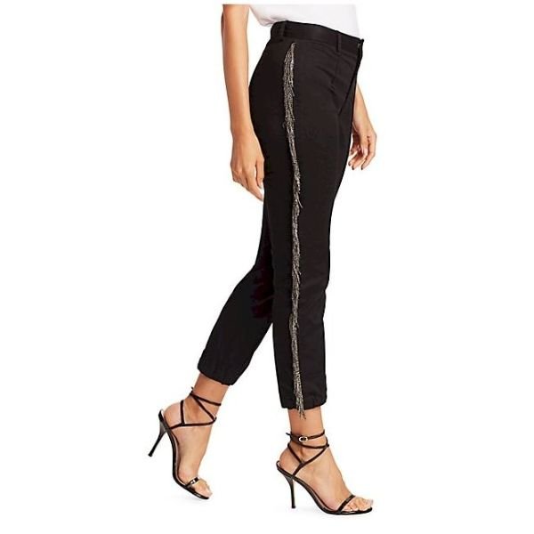 Metallic Fringe Trim Pintuck Pants