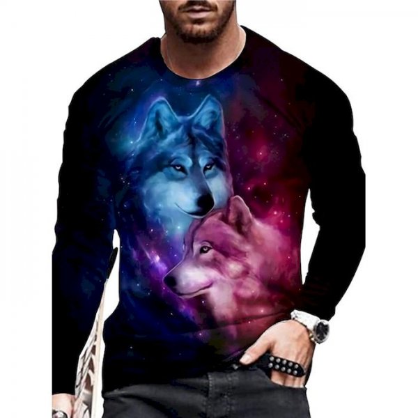 Men's Unisex Tee T shirt Shirt 3D Print Graphic Prints Wolf Print Long Sleeve Daily Tops Casual Designer Big and Tall Black