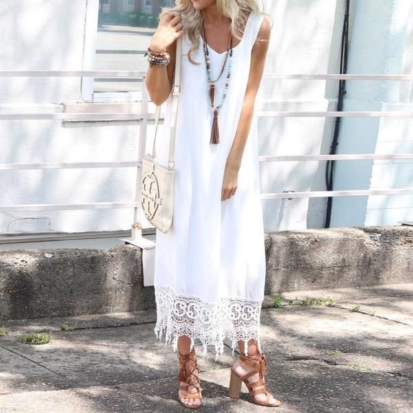 Fresh White Round Neck Sleeveless Midi Dress